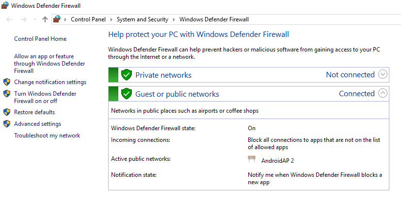 Aparecerá la pantalla del Firewall de Windows Defender