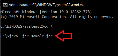 Escriba el siguiente comando java -jar sample.jar y presione la tecla Intro |  Cómo ejecutar archivos JAR en Windows 10