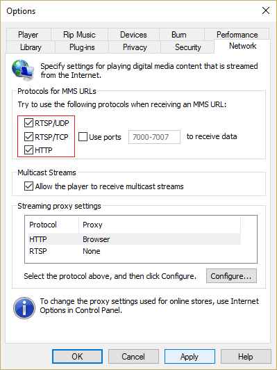 En la ventana de herramientas de WMP, cambie a la pestaña Red y asegúrese de que todos los protocolos estén marcados