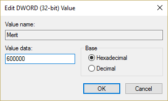 Ingrese el valor de Merit Dword como 600000