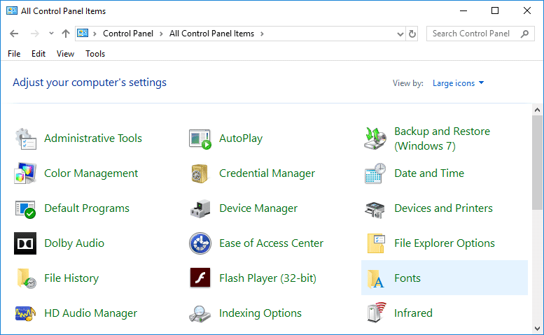 Ahora, en la ventana del Panel de control, haga clic en Fuentes