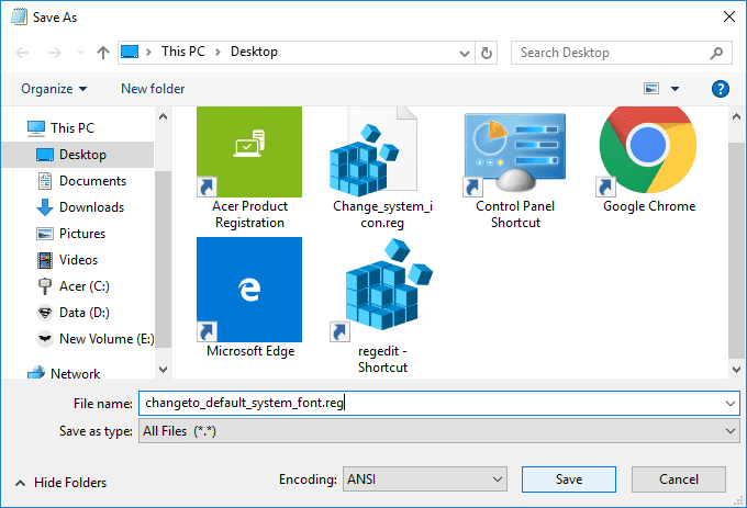 Seleccione Todos los archivos y luego guarde este archivo con la extensión .reg