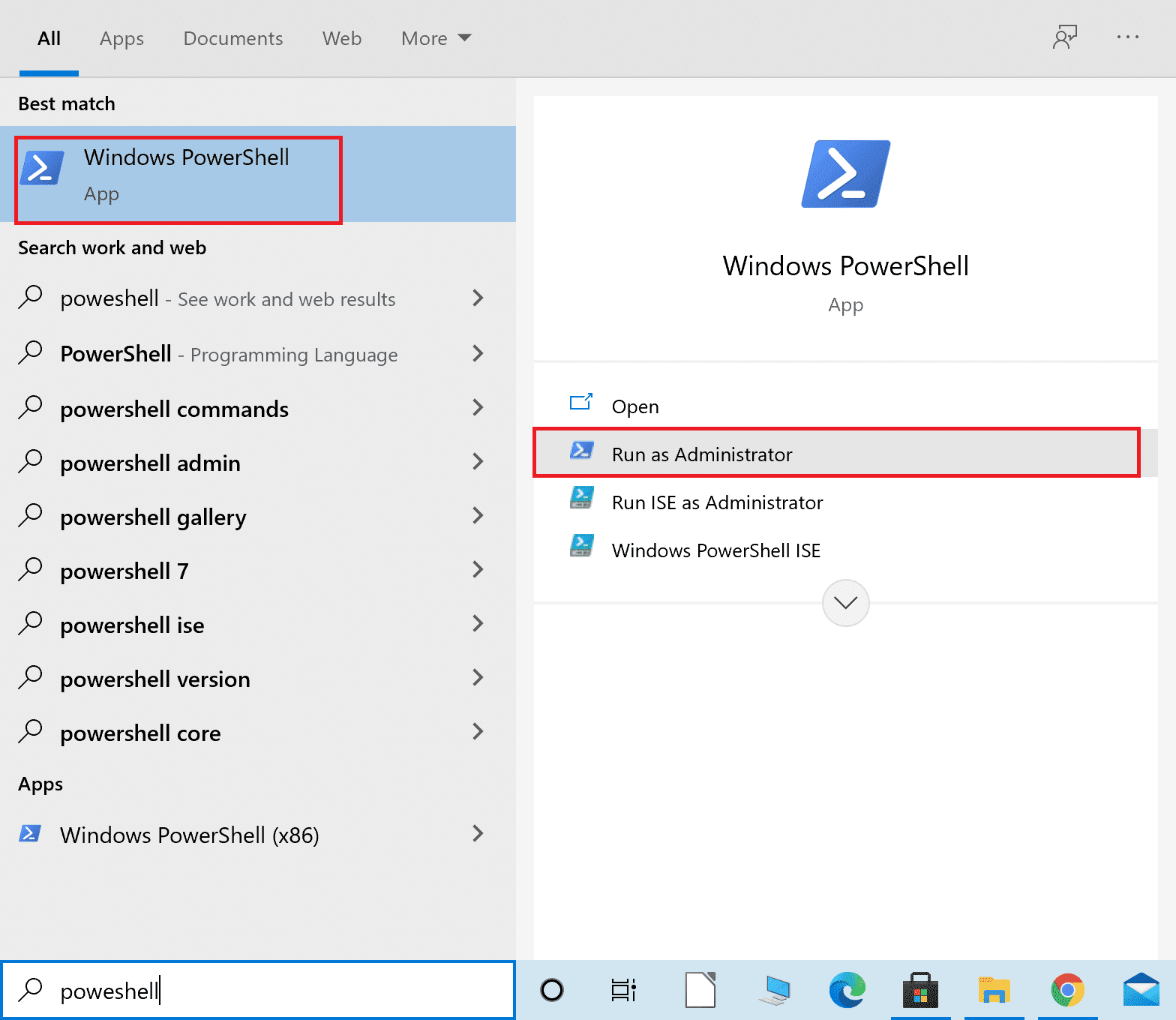 Escriba Powershell en la barra de búsqueda de Windows y luego inicie Windows Powershell