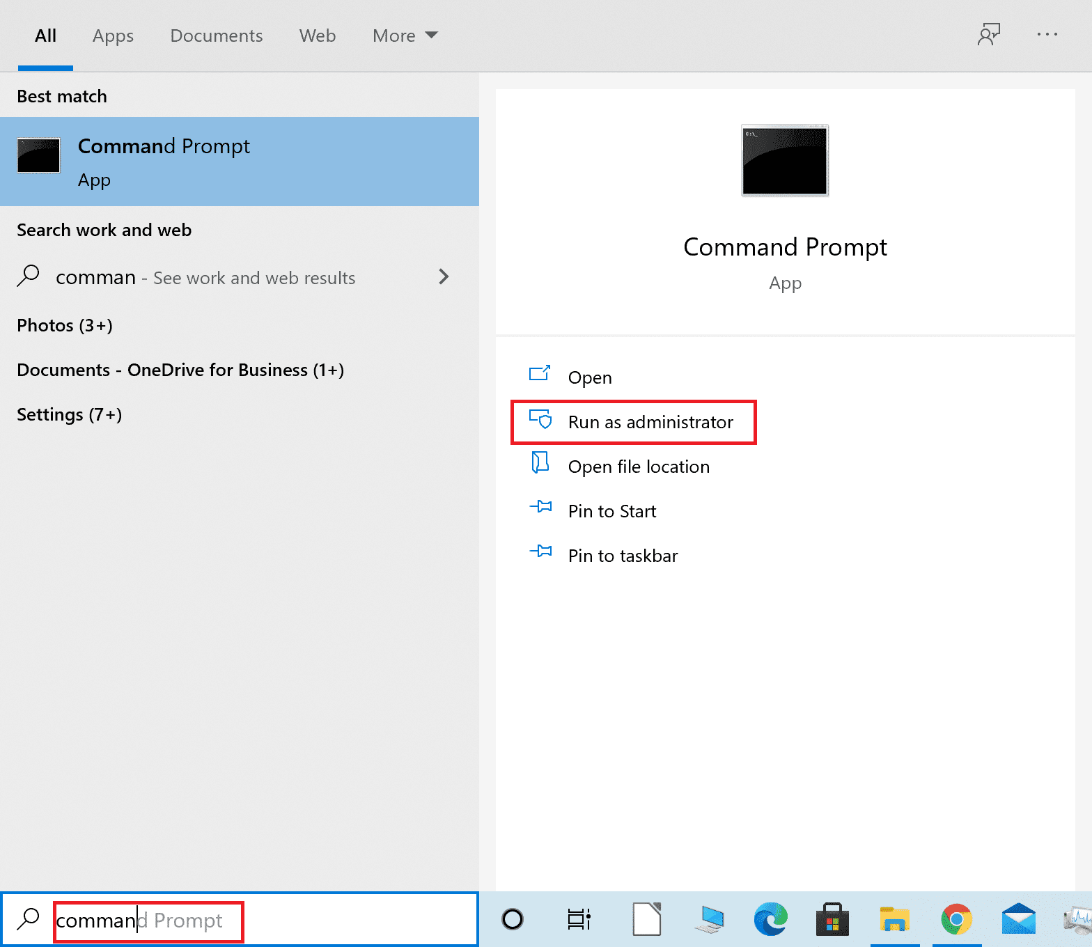 Escriba Símbolo del sistema en la barra de búsqueda de Windows y Ejecutar como administrador |  Arreglar las aplicaciones de Windows 10 que no funcionan