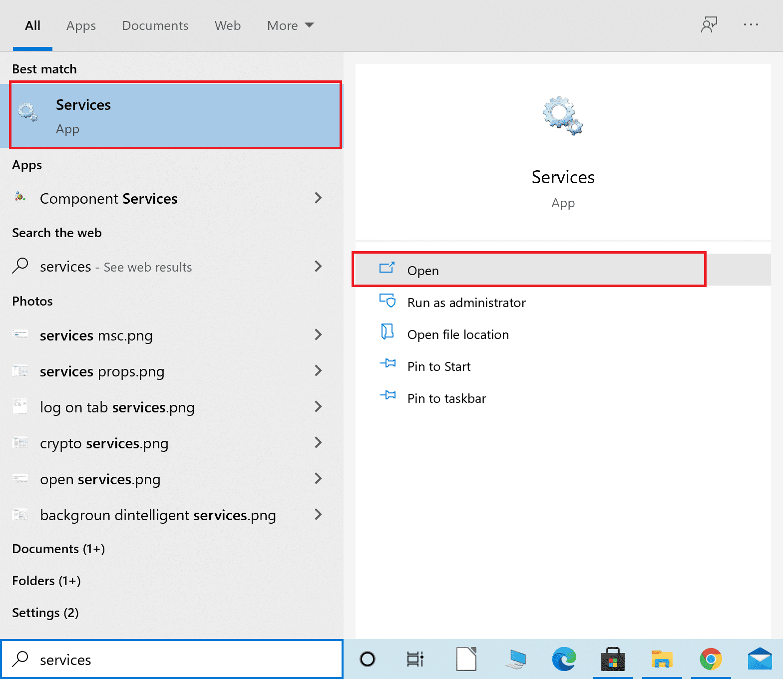 Escriba Servicios en la barra de búsqueda de Windows e inicie la aplicación
