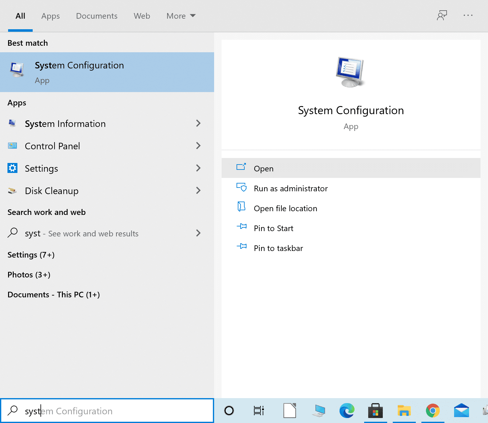 Escriba Configuración del sistema en la barra de búsqueda de Windows