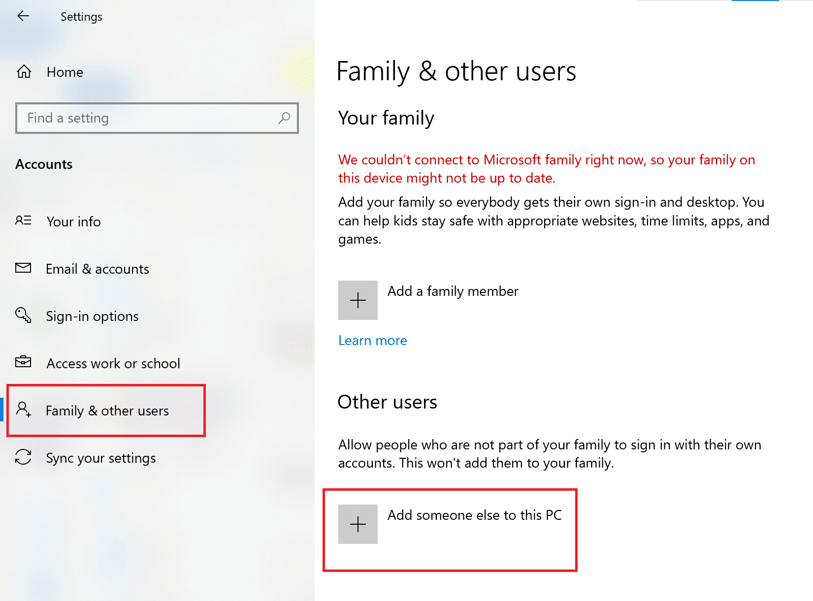 Haga clic en Agregar a otra persona a esta PC |  Arreglar las aplicaciones de Windows 10 que no funcionan