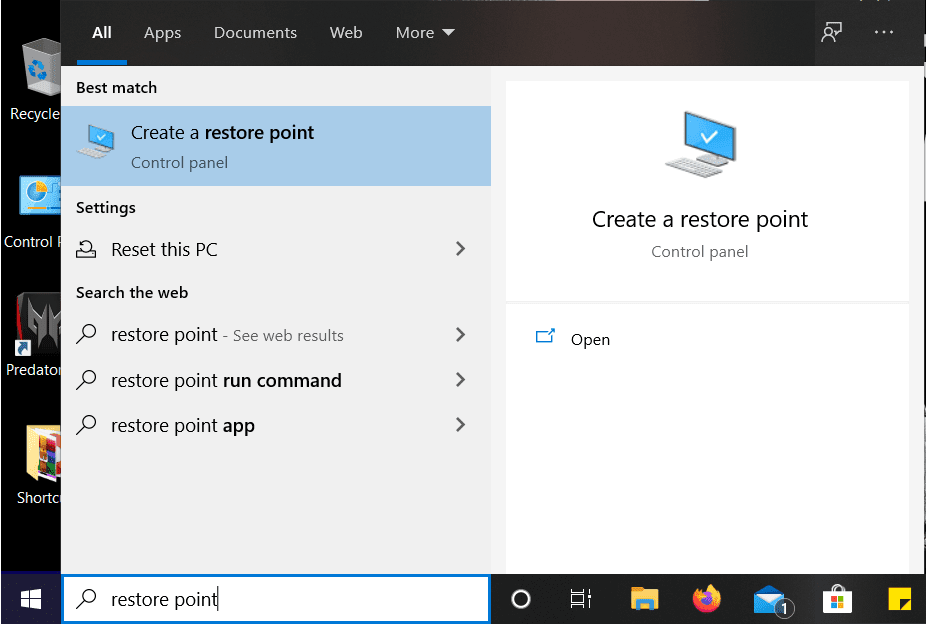 Escriba el punto de restauración en la Búsqueda de Windows y luego haga clic en Crear un punto de restauración