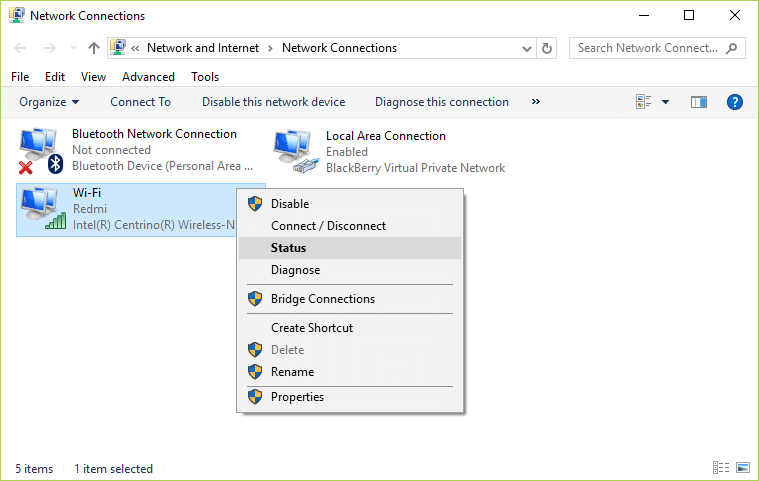 Haga clic derecho en el adaptador de red inalámbrica y seleccione Estado