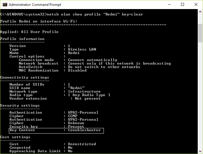 Ingrese netsh wlan show profile netname key = borrar en cmd