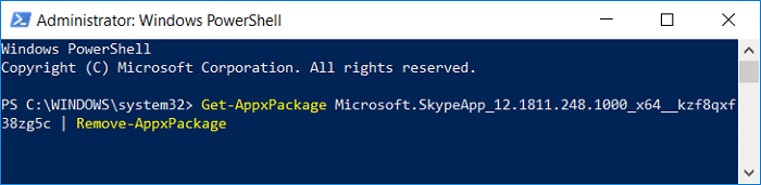 Elimine Skype con el siguiente comando en powershell Get-AppxPackage PackageFullName |  Eliminar el paquete Appx