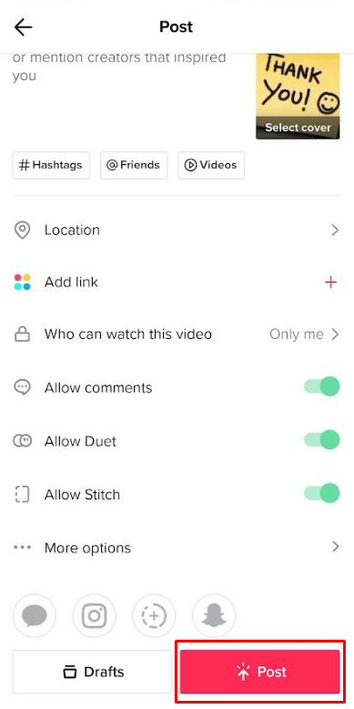 presione el botón Publicar para publicar |  combinar videos e imágenes en TikTok