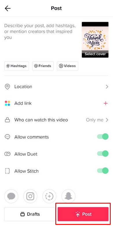 toca Publicar.  |  Cómo combinar dos borradores de TikTok |  poner dos videos de TikTok juntos