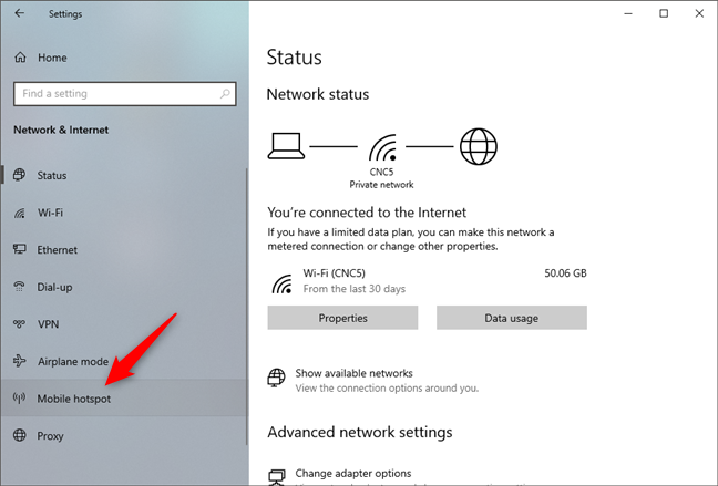 La configuración del punto de acceso móvil