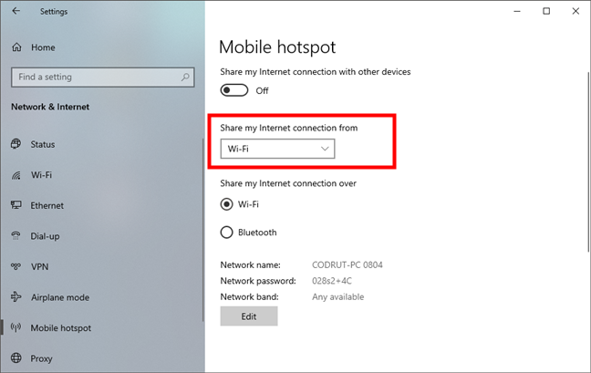 La lista de conexiones a Internet disponibles para el punto de acceso de Windows 10