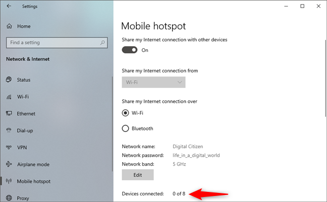La cantidad de dispositivos conectados al punto de acceso de Windows 10