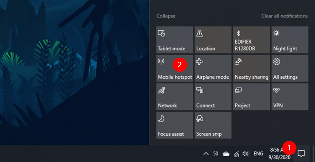Activar el punto de acceso de Windows 10 desde el Centro de actividades