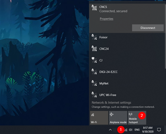 Habilitación del punto de acceso de Windows 10 desde el menú desplegable de red