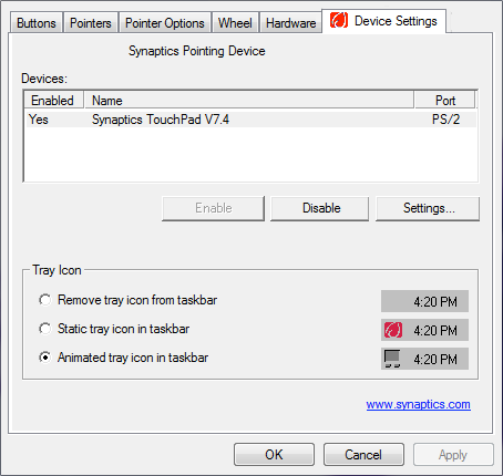 Resalte y seleccione el panel táctil Synaptics y haga clic en Configuración