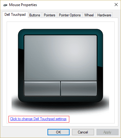 Asegúrese de que Dell Touchpad esté seleccionado y haga clic en Haga clic para cambiar la configuración de Dell Touchpad