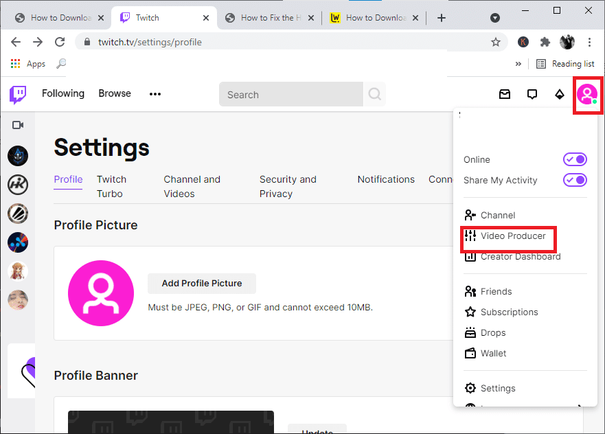 Haga clic en el ícono de su perfil y luego elija Productor de video |  Guía para descargar VOD de Twitch