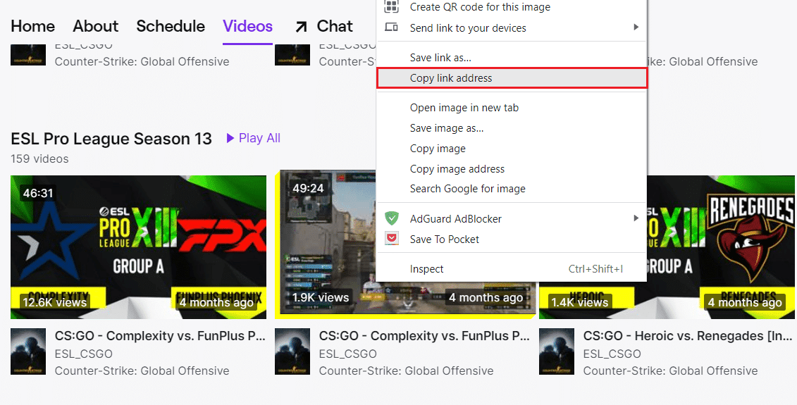 Copie la dirección del enlace en la página de video de Twitch