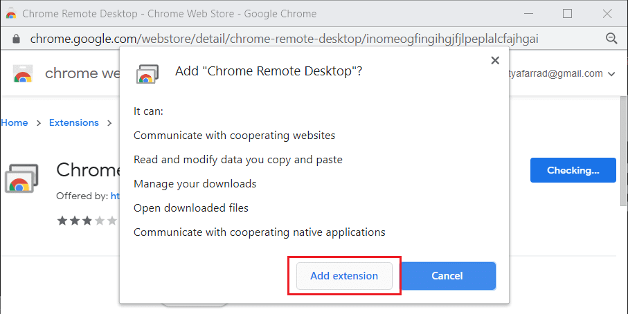 Aparecerá un cuadro de diálogo que le pedirá confirmación para agregar Chrome Remote Desktop.