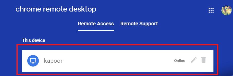 el acceso remoto con el nombre proporcionado se crea para su dispositivo.