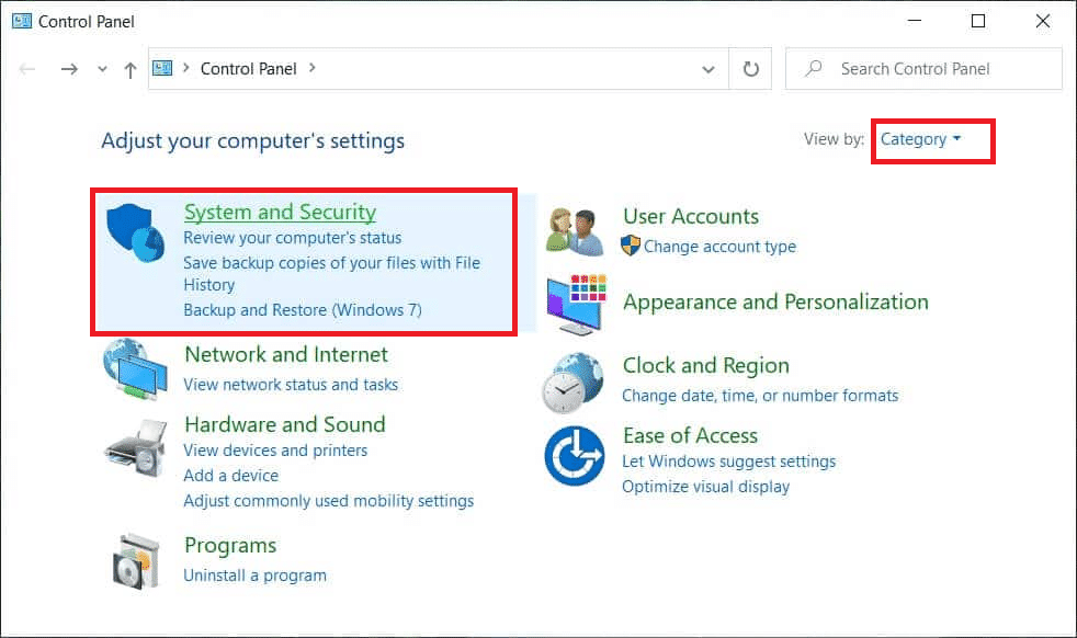 seleccione Ver por categoría y haga clic en Sistema y seguridad.