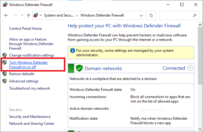 Ahora, seleccione la opción Activar o desactivar Firewall de Windows Defender en el menú de la izquierda. Solucionar el problema de descarga de bloqueo de Chrome