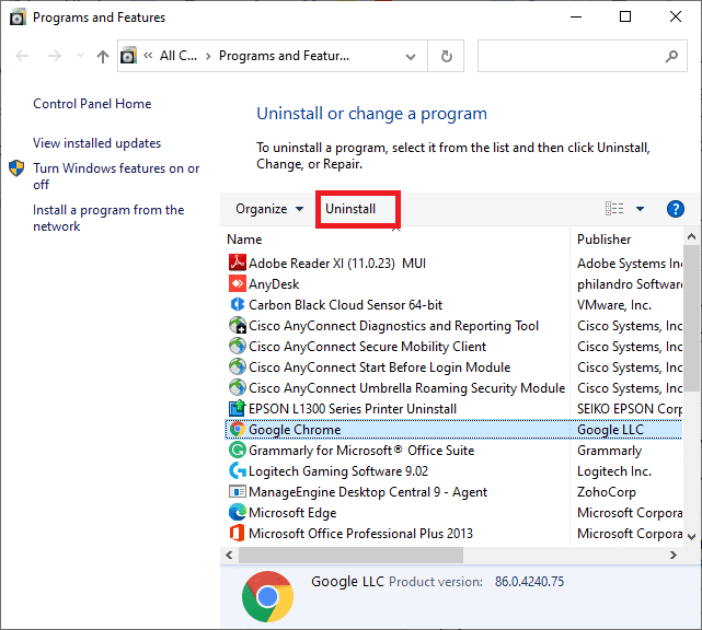 Ahora, haga clic en Google Chrome y seleccione la opción Desinstalar como se muestra en la imagen de abajo. Cómo evitar que Chrome bloquee la descarga