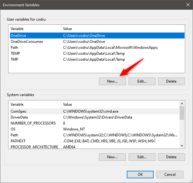 La ventana Variables de entorno de Windows 10