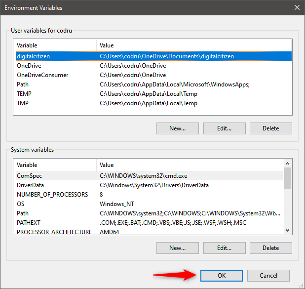Guardar la nueva variable de usuario en Windows 10