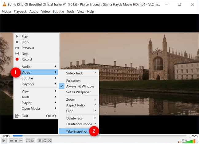 La opción VLC Take Snapshot también está disponible en el menú contextual
