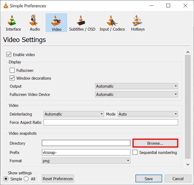 Navegue para seleccionar la nueva ubicación donde van las instantáneas de VLC