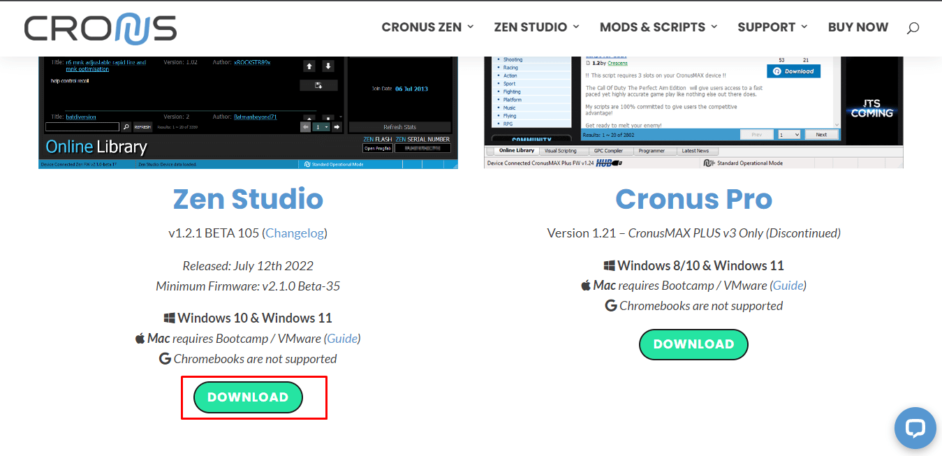 Luego, para instalar el software Zen Studio, visite el sitio web de Cronus y haga clic en el botón azul de descarga debajo de Zen Studio.