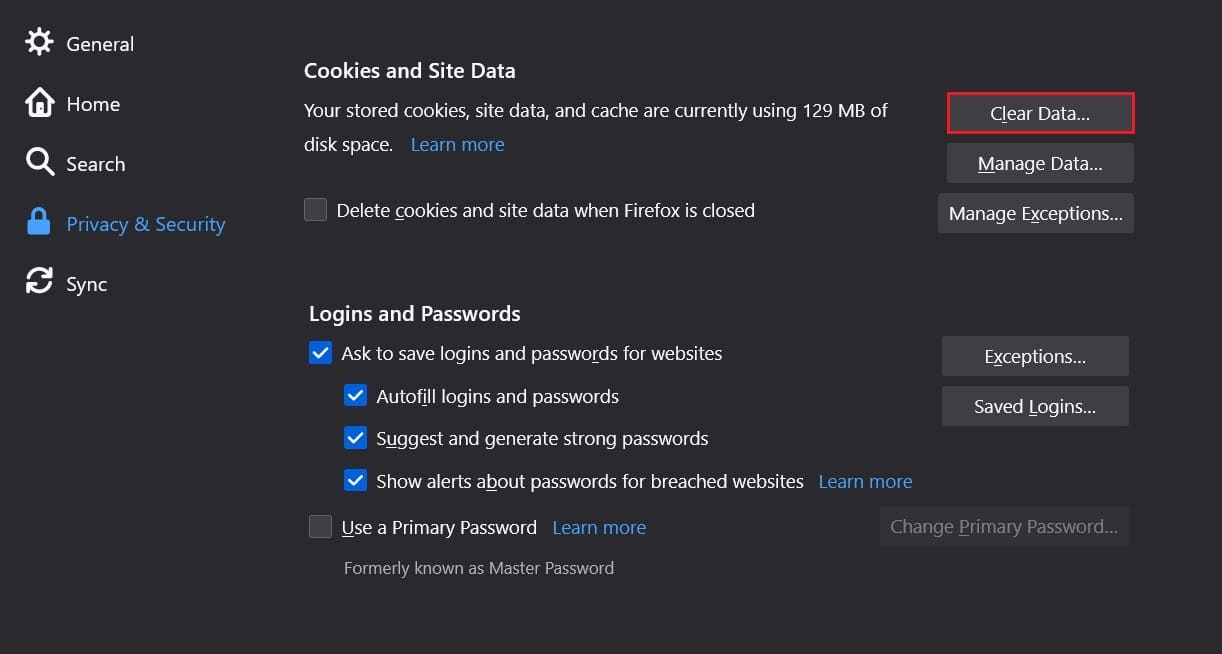 Vaya a Cookies y datos del sitio y haga clic en borrar datos