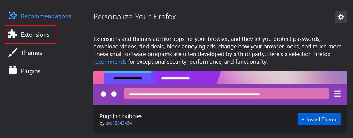 Haga clic en Extensiones |  No hay película con formato compatible y tipo MIME arreglado