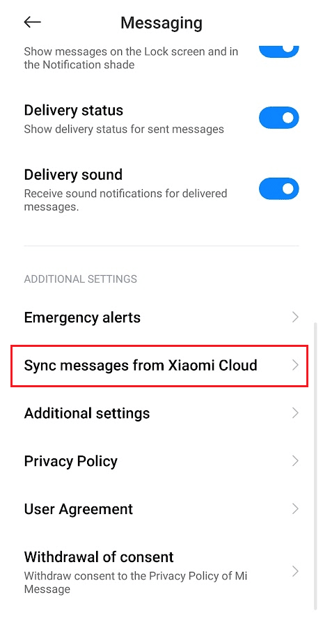 Deslice hacia abajo y toque Sincronizar mensajes de Xiaomi Cloud |  ver los mensajes de texto de su esposo en AT&T