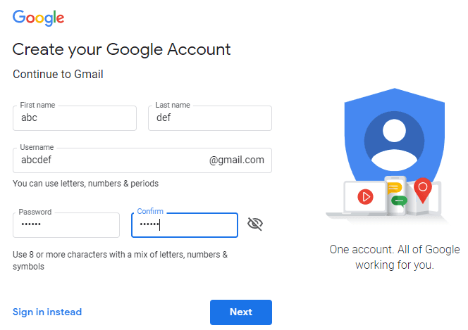 Introduce tus datos para crear una nueva cuenta de Gmail