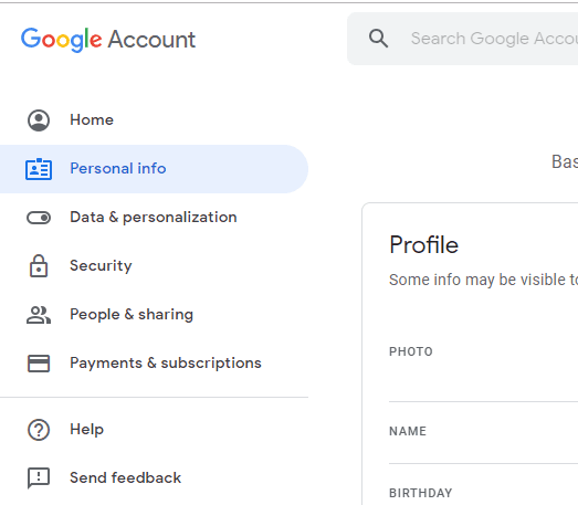 En la pestaña de cuentas de Google, haga clic en 'Información personal' en el panel izquierdo
