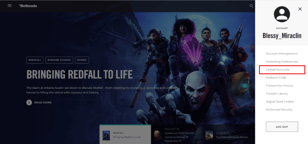 Haga clic en Cuentas vinculadas |  Cómo eliminar la cuenta de Bethesda