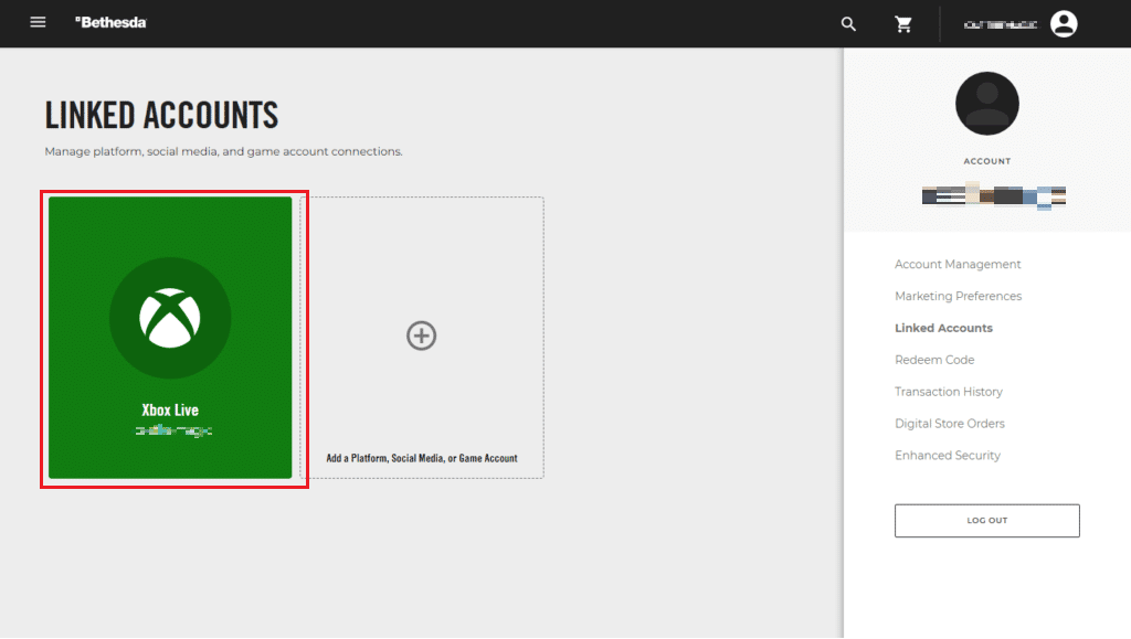 si ve la pestaña de Xbox, significa que esta cuenta de Bethesda está vinculada a su Xbox