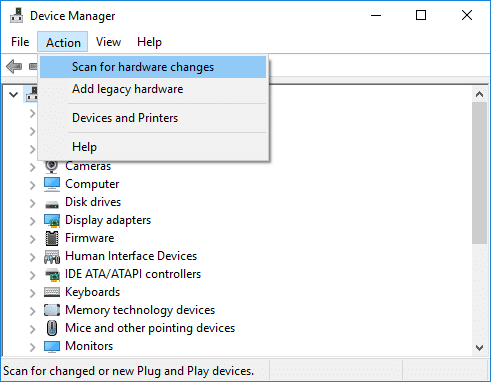 Haga clic en Acción, luego Buscar cambios de hardware