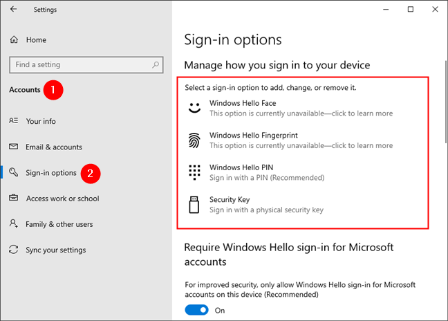 Las opciones de inicio de sesión desde la configuración de Windows 10