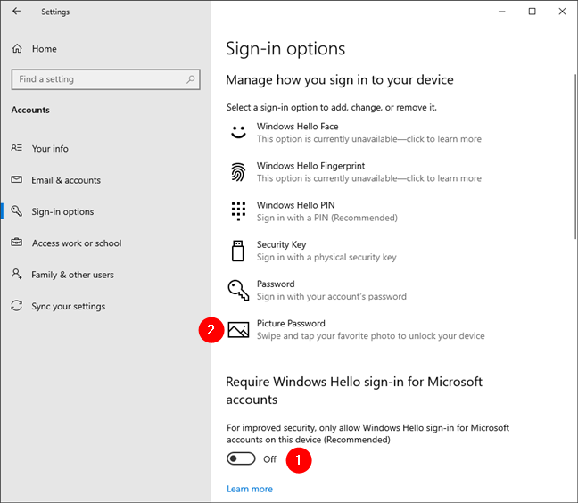 Desactivar el inicio de sesión de Windows Hello habilita la Contraseña de imagen