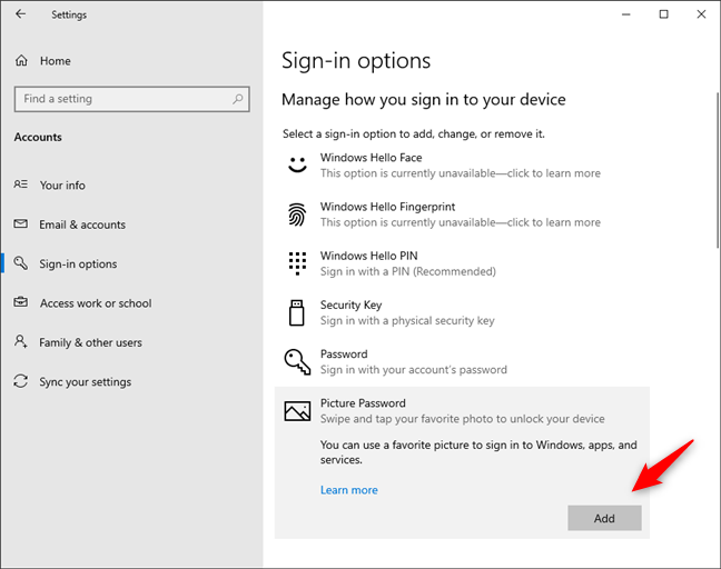 Elegir Agregar una contraseña de imagen de Windows 10