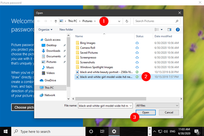 Examinar y seleccionar la imagen que se usará para la contraseña de imagen de Windows 10