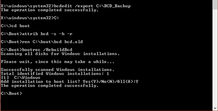 Haga una copia de seguridad de bcdedit y luego reconstruya bcd bootrec
