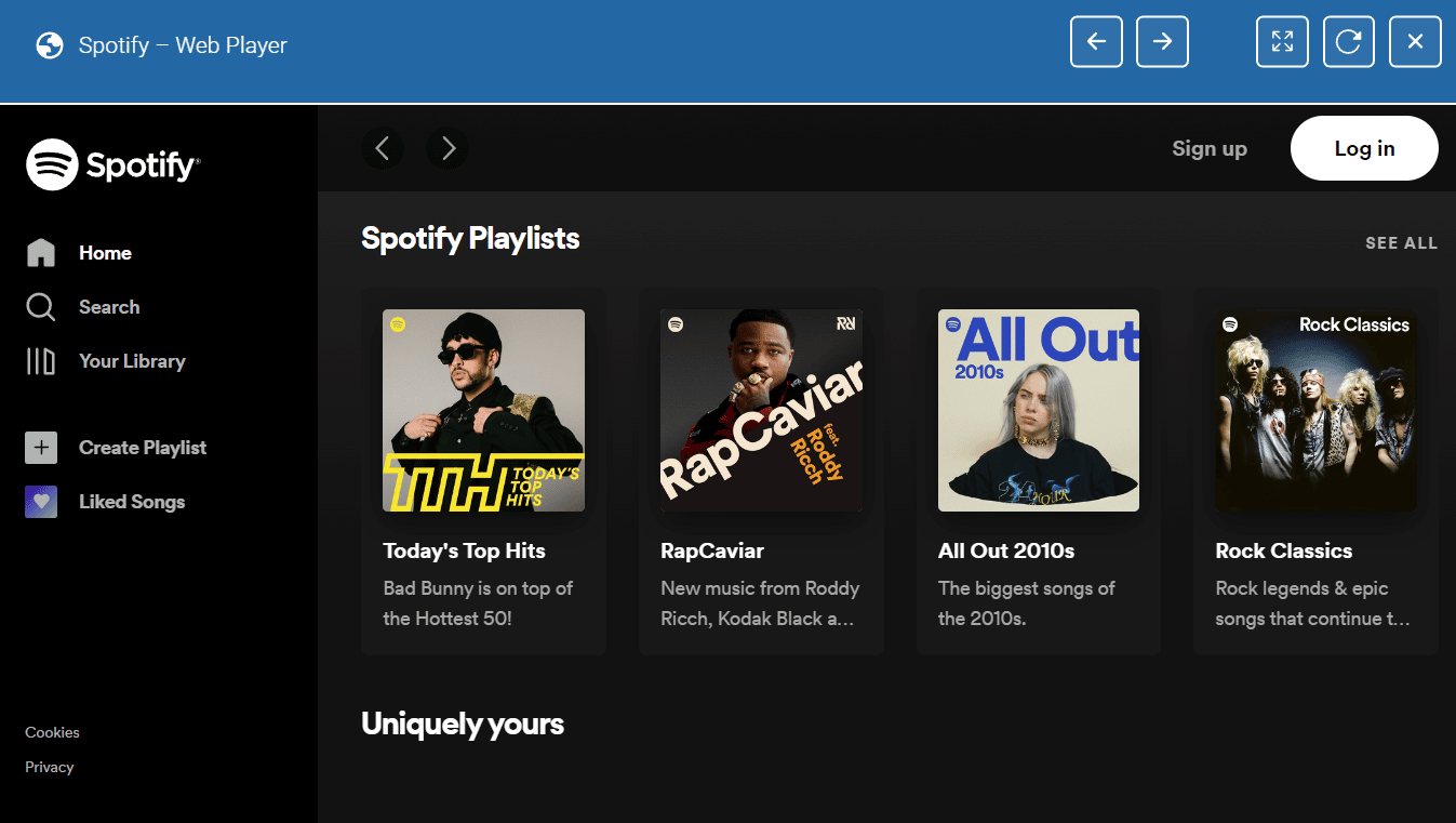 Espere unos momentos para que se cargue la página de Spotify Web Player | ¿Qué aplicaciones de música están desbloqueadas en la escuela? | abrir Spotify en un Chromebook de la escuela